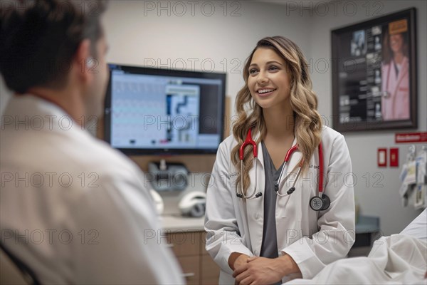 A friendly female doctor smiling as she interacts with a patient in a hospital, AI generated