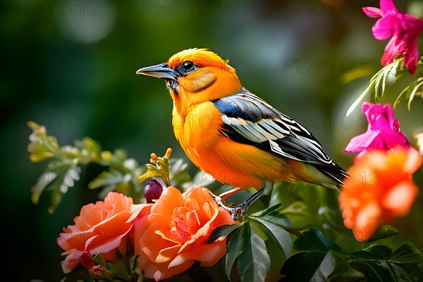 Oriol bird sitting in a blooming garden expressing summer wildlife, AI generated