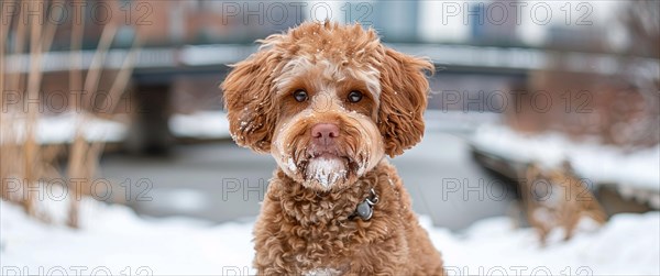Lagotto puppy dog with brown fur and a curious expression standing on a snowy bridge in winter, AI generated