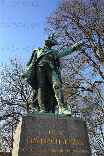 The historic old town centre of Coburg with a view of the statue of Prince Friedrich Josias. Coburg, Upper Franconia, Bavaria, Germany, Europe