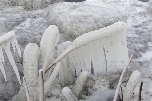 Winter, ice formation on a river shoreline, Province of Quebec, Canada, North America
