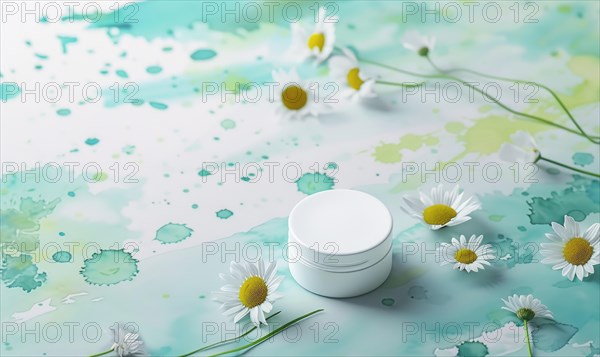 Cosmetic jar blank mockup placed on a serene watercolor chamomile background AI generated