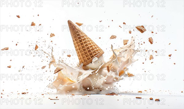 Ice cream cone explosion on white background AI generated