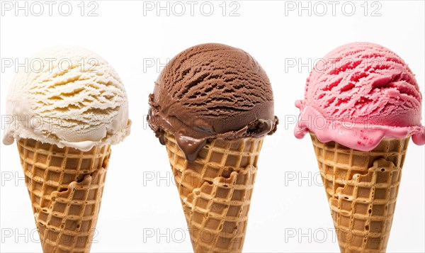 Neapolitan ice cream cones on white background AI generated