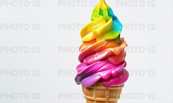 Rainbow-colored ice cream cone on white background AI generated