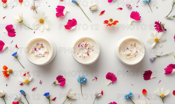 Three creme jar blank mockups nestled amidst delicate flower petals on a white background AI generated