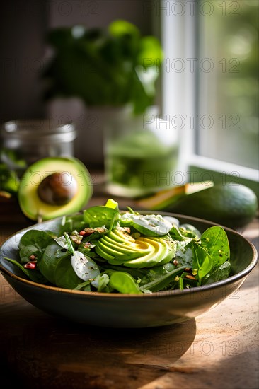 Avocado and spinach salad positioned on a modern reflective kitchen counter, AI generated