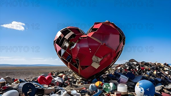 Heart shaped sculpture crafted from assorted recycled items, AI generated