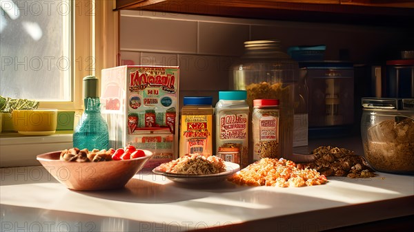 90s vintage style kitchen saturated with bright sunlight vintage cereal boxes arrayed on counter, AI generated