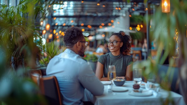 Romantic african american couple enjoying a dinner date in a restaurant surrounded by greenery, AI generated