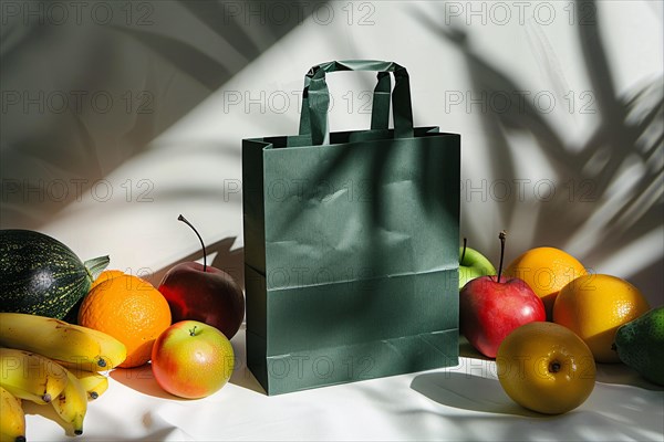 Geen paper bag surrounded by fruits on white background. KI generiert, generiert, AI generated