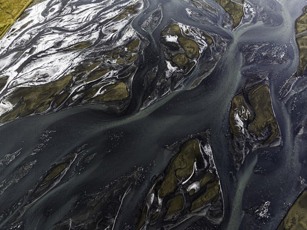 Overgrown river landscape, Eldhraun, near Kirkjubaejarklaustur, drone image, Sudurland, Iceland, Europe