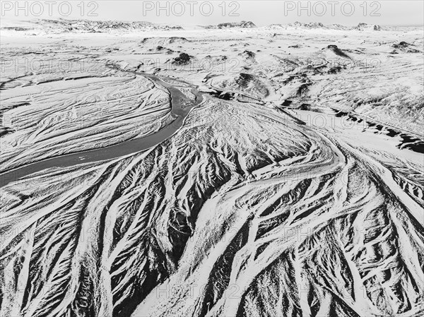Overgrown river landscape, onset of winter, Fjallabak Nature Reserve, drone image, black and white image, Sudurland, Iceland, Europe