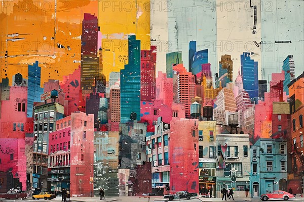 Pop art style urban skyline with abstract, colorful buildings, illustration, AI generated