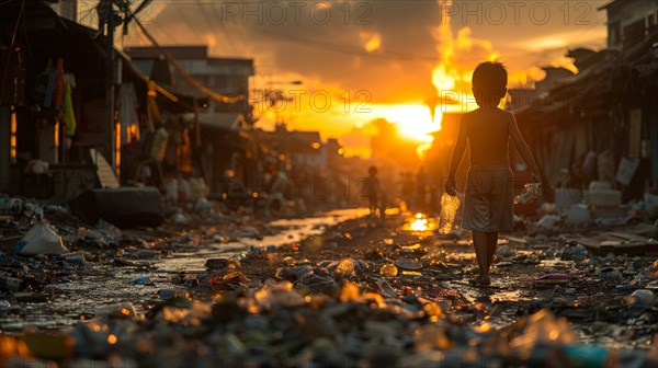 Silhouette of a child walking alone at sunset down a street littered with garbage on a war zone, AI generated