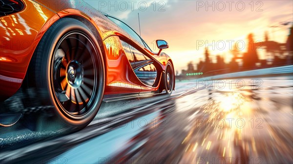 A hypercar driving fast on a wet road with the evening sky reflecting on its surface, low ultra wide angle, AI generated