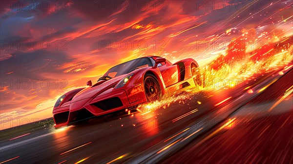 Red italian super Sports car racing at high speed with fire trailing behind during sunset, AI generated