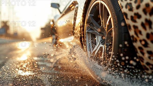 Luxury car speeding through water puddles with splashing water, ultra low super wide angle view, AI generated