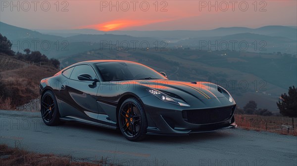 Black italian super sports car parked on a hillside road at sunset exuding elegance, AI generated