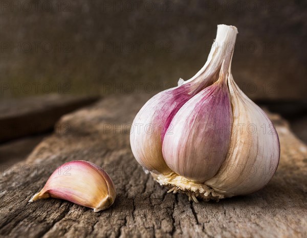 Food, spice, garlic, a whole garlic bulb next to a single clove on a rustic wooden surface, AI generated, AI generated