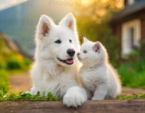 Dog, puppies of a white shepherd dog cuddling with a young white cat, AI generated, AI generated