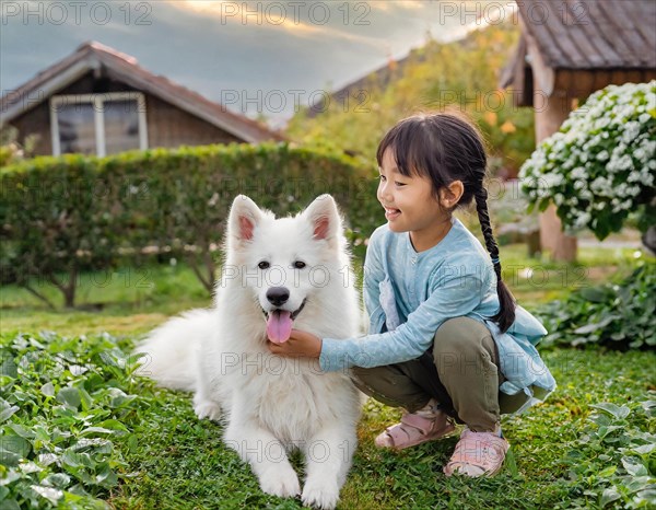 Dog, puppies of a white shepherd dog playing with a five-year-old girl in the garden, AI generated, AI generated