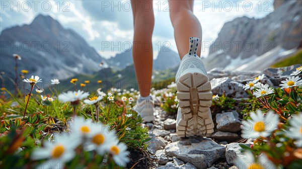 Rear view of a person walking on a rocky trail lined with white flowers in a mountainous area, AI generated