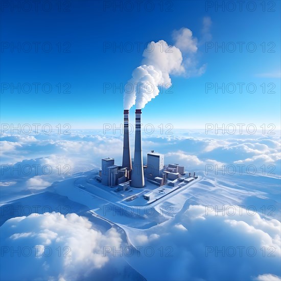 Smokestacks emitting carbon dioxide against a backdrop of a clear blue sky indicating air pollution, AI generated