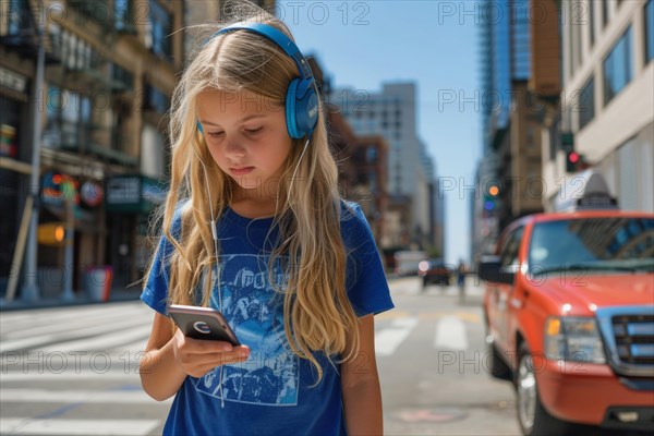 Girl with headphones looking at her smartphone on a busy street in a city, symbolic image for accident risk due to media distraction in road traffic, AI generated, AI generated