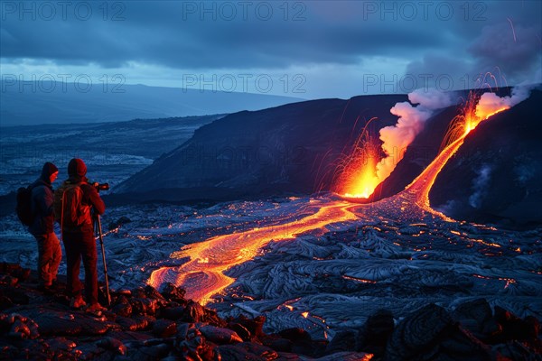 Two tourists photograph a spectacular volcanic landscape with liquid, partially cooled lava flows, symbolic image for volcano tourism, disaster tourism, travel trends and the associated dangers, AI generated, AI generated, AI generated