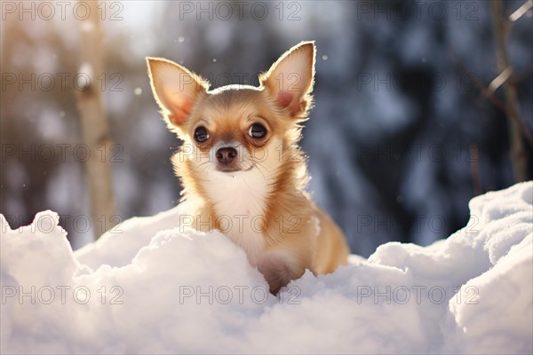 Cute small Chihuahua dog in snow. KI generiert, generiert, AI generated