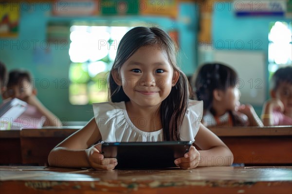 A pre-school girl sits in the classroom with a digital tablet and looks smiling into the camera, symbolic image, digital teaching, learning environment, media skills, eLearning, media education, AI generated, AI generated, AI generated