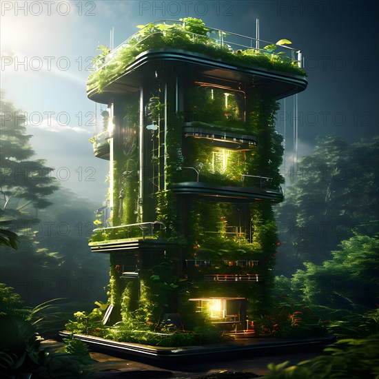Concept of an air purification tower nestled in an urban setting coated with lush moss and climbing plants, AI generated
