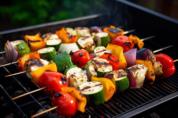 Vegetarien shish kebab skewer with vegetables on barbeque grill. KI generiert, generiert, AI generated