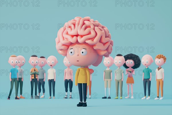 3D illustration of a person with an anxious facial expression due to social anxiety around other people. Conceptual image to illustrate the mental stress they are experiencing, AI generated