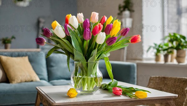 A large bouquet of colourful tulips in a vase in the flat, spring, AI generated, AI generated