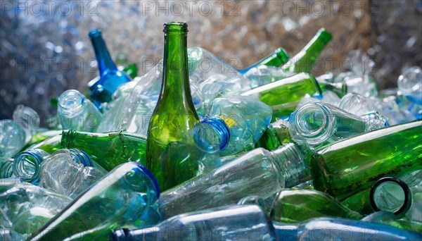 Used glass in a pile, only empty bottles, in a recycling plant, AI generated, AI generated