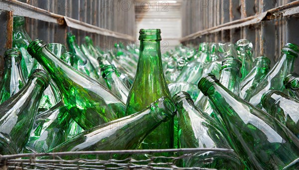 Empty glass bottles, in a recycling plant, AI generated, AI generated