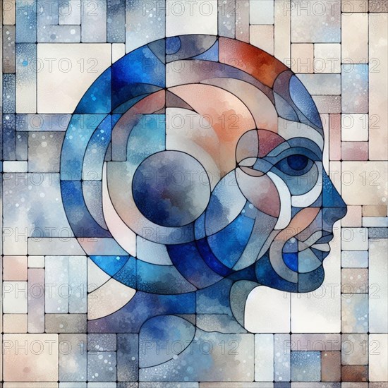 Geometric mosaic artwork creating a serene abstract face with circles and squares, square aspect, AI generated
