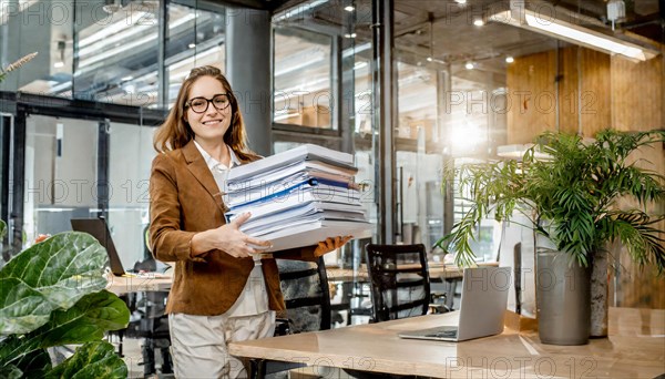 Woman with glasses stands next to a plant and holds piles of files, symbol bureaucracy, AI generated, AI generated