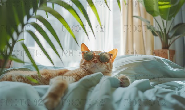 Cat wearing orange sunglasses lies comfortably on a blue bed with green plants in background AI generated