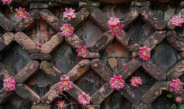 Pink flowers erupting through a diagonal brick pattern on a wall AI generated