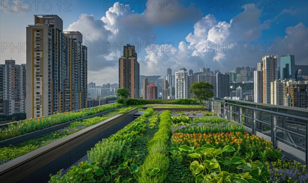A skyline of towering buildings with a foreground of a vibrant green roof and rolling clouds AI generated