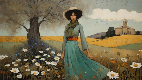 A woman in a hat walks through a tranquil field with a church in the background, paintng illustration, AI generated