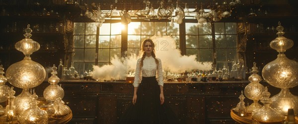 An elegant woman stands amongst chemistry apparatus in a large vintage laboratory, AI generated