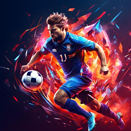 Abstract digital render of a male soccer athlete morphing into fluid shapes, AI generated