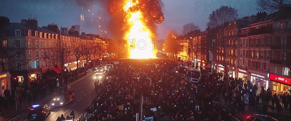 City street overwhelmed with a massive fire explosion and a crowd protesting, AI generated