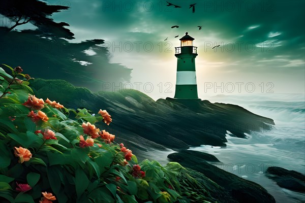 Lighthouse nestled against a vast ocean with waves rhythmically crashed onto the rocky shoreline, AI generated