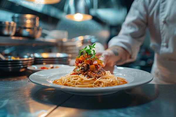 Chef in a kitchen placing the finishing touch on a dish of pasta, AI generated