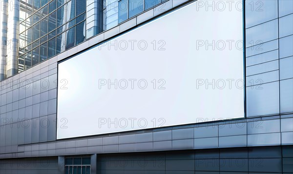 Blank screen banner mockup displayed on the modern building facade. Close Up view AI generated